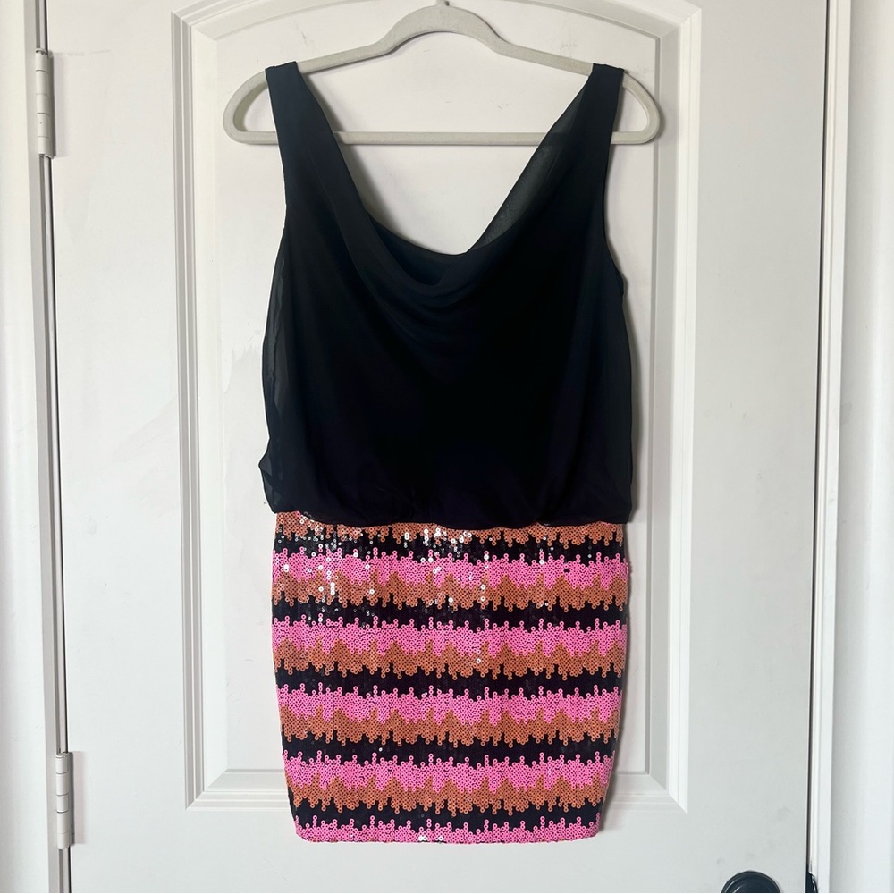 As U Wish Black Neon Pink Sequin Draped Chiffon Cutout Back Bodycon Mini Dress S